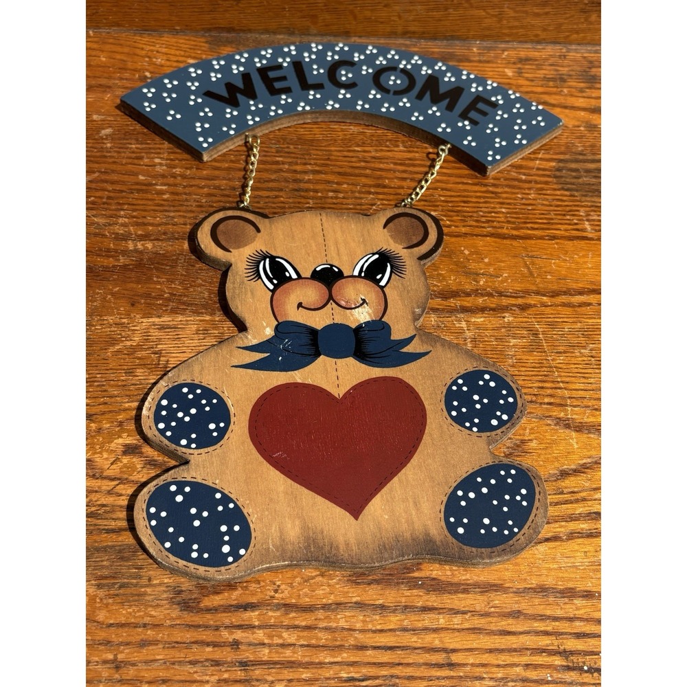 Vintage Wood Teddy Bear Welcome Wall Hanging Sign Cottagecore Hand Painted